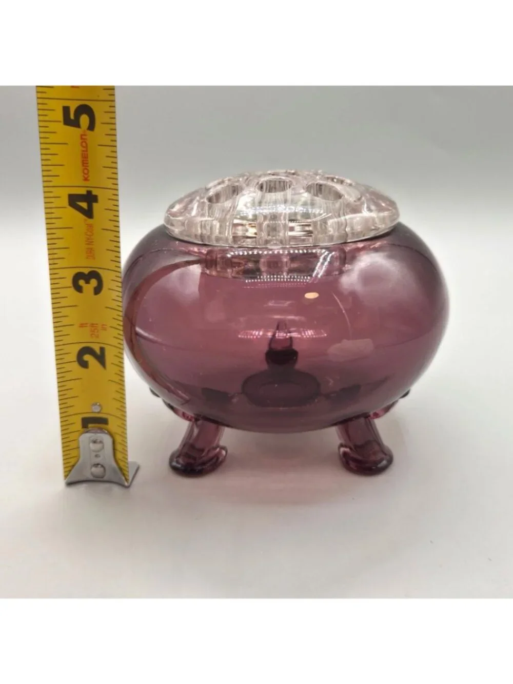 Vintage Viking Glass Amethyst Flowerlite 3-Footed Rose Bowl Clear Flower Frog